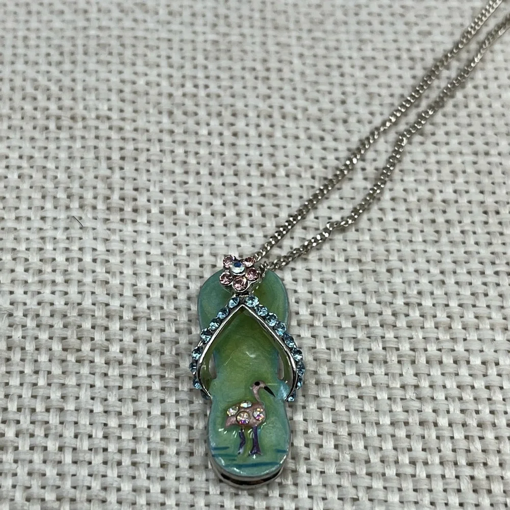 Vintage Sterling Silver Flip-Flop Pendant Necklace with Flamingo & Crystals, 18” - Picture 8 of 15
